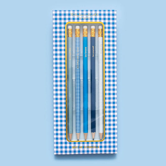 Pencil Set - Motivational - Blue + Gingham -5 Pc