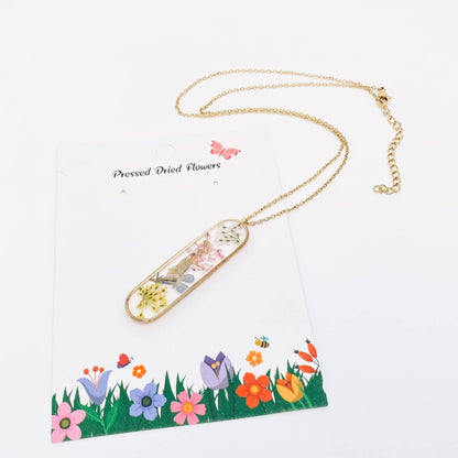 Long Ellipse Charm Dried Flowers Necklace