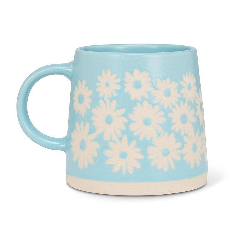Wide Base Mug with Daisies-Blue-3.5"H(14oz)