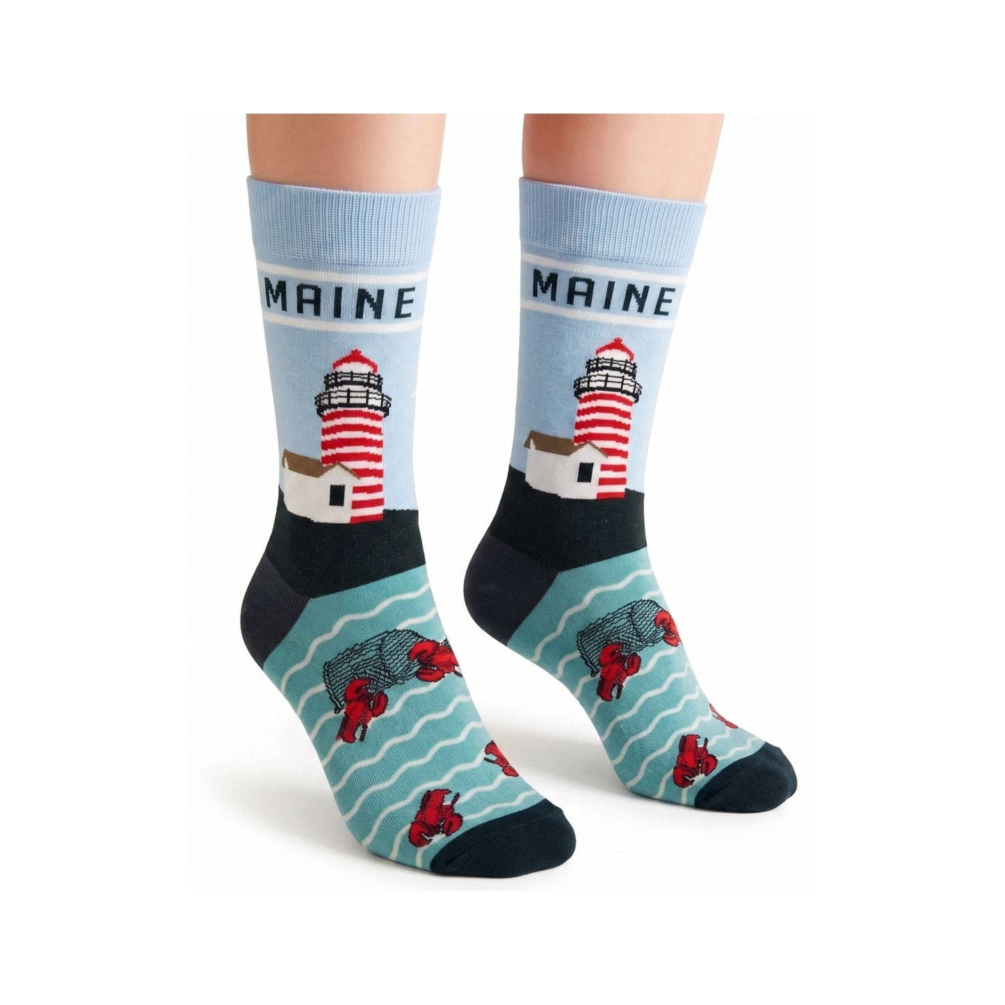 Maine Lighthouse & Lobster Novelty Crew Socks - Coastal Nautical Scenic Travel Souvenir Gift