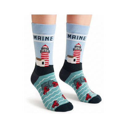 Maine Lighthouse & Lobster Novelty Crew Socks - Coastal Nautical Scenic Travel Souvenir Gift