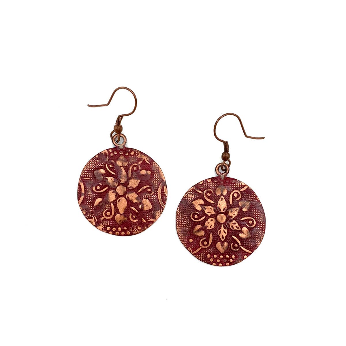 Copper Patina Earrings - Red Botanical Print Circles