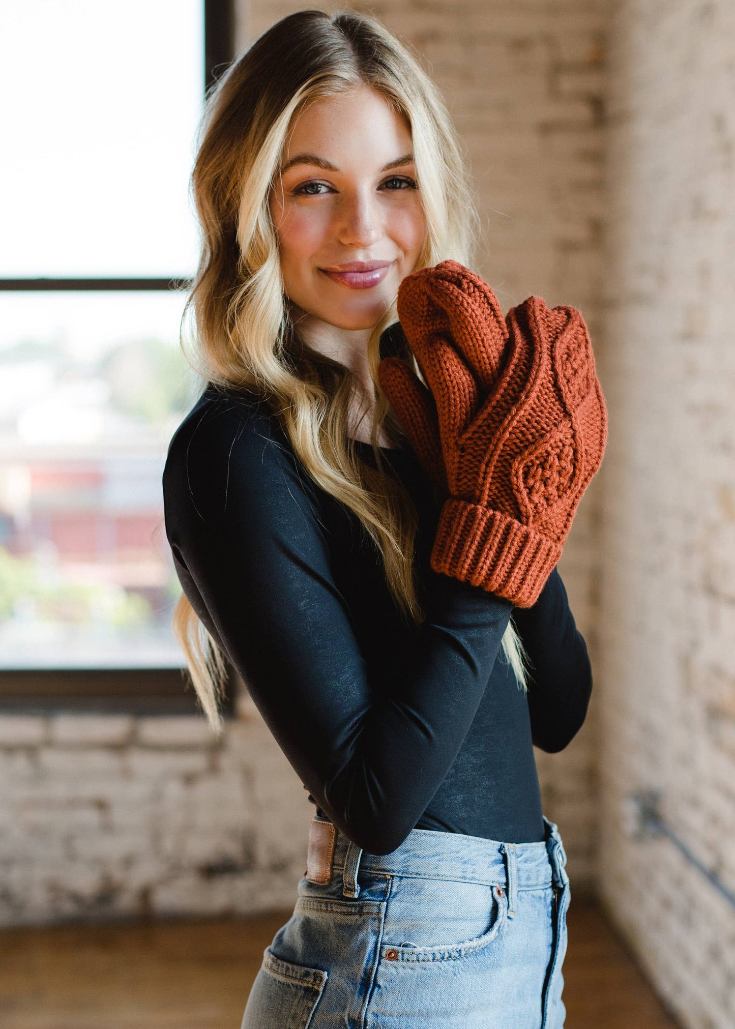 Rust Cable Knit Mittens