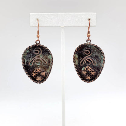 Copper Patina Earrings - Filigree And Curly Line in Teardrop