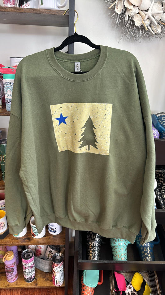 MAINE CREWNECK SWEATSHIRT GREEN TREE AND STAR