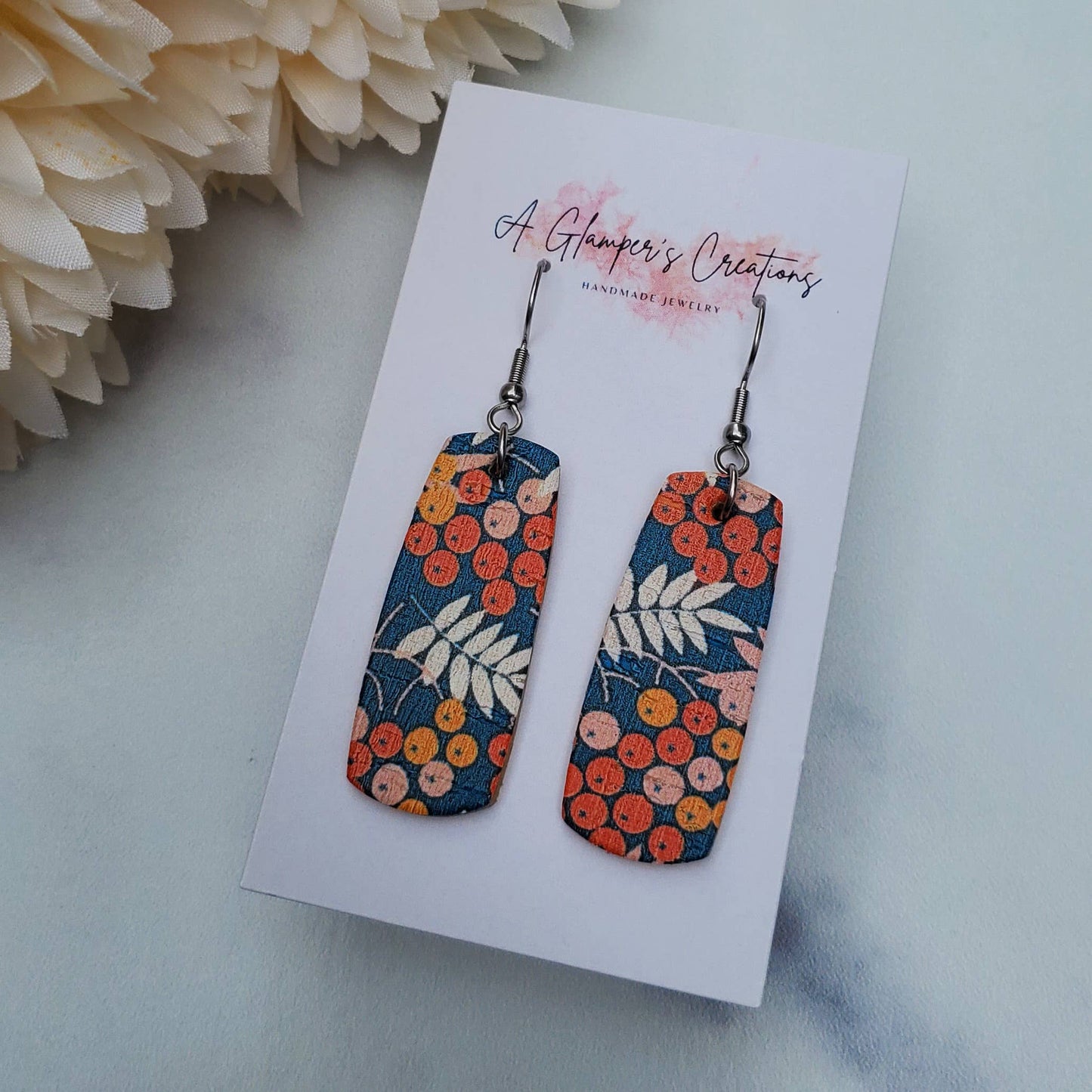 Fall Floral on Blue Mini Bar Leather Earrings