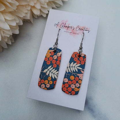Fall Floral on Blue Mini Bar Leather Earrings