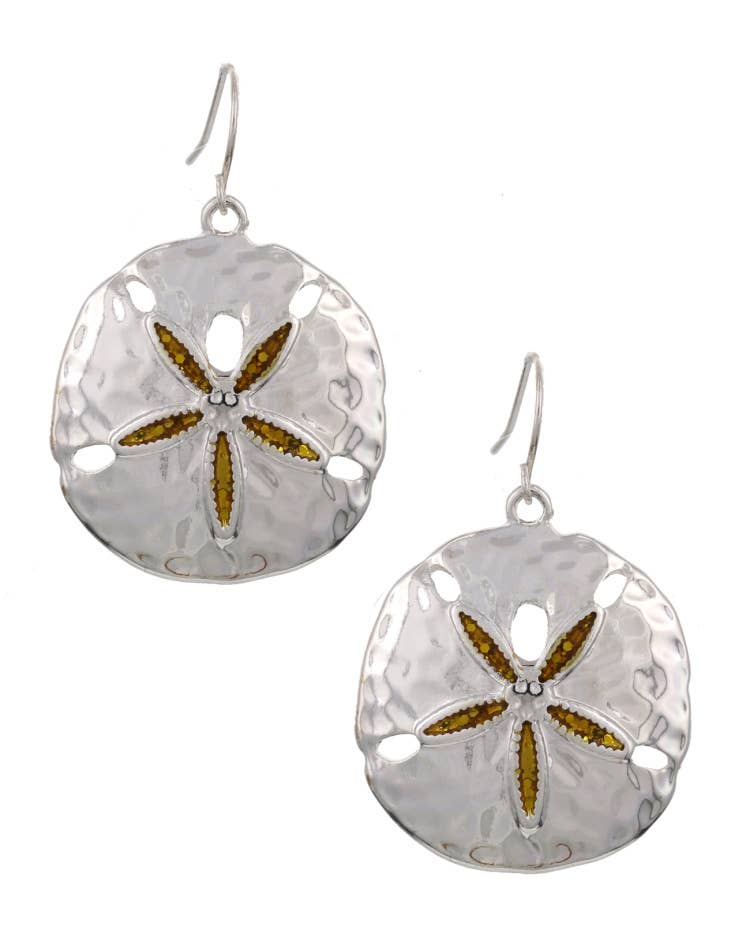 Blue Glitter Sand Dollar Metal Dangle Earrings