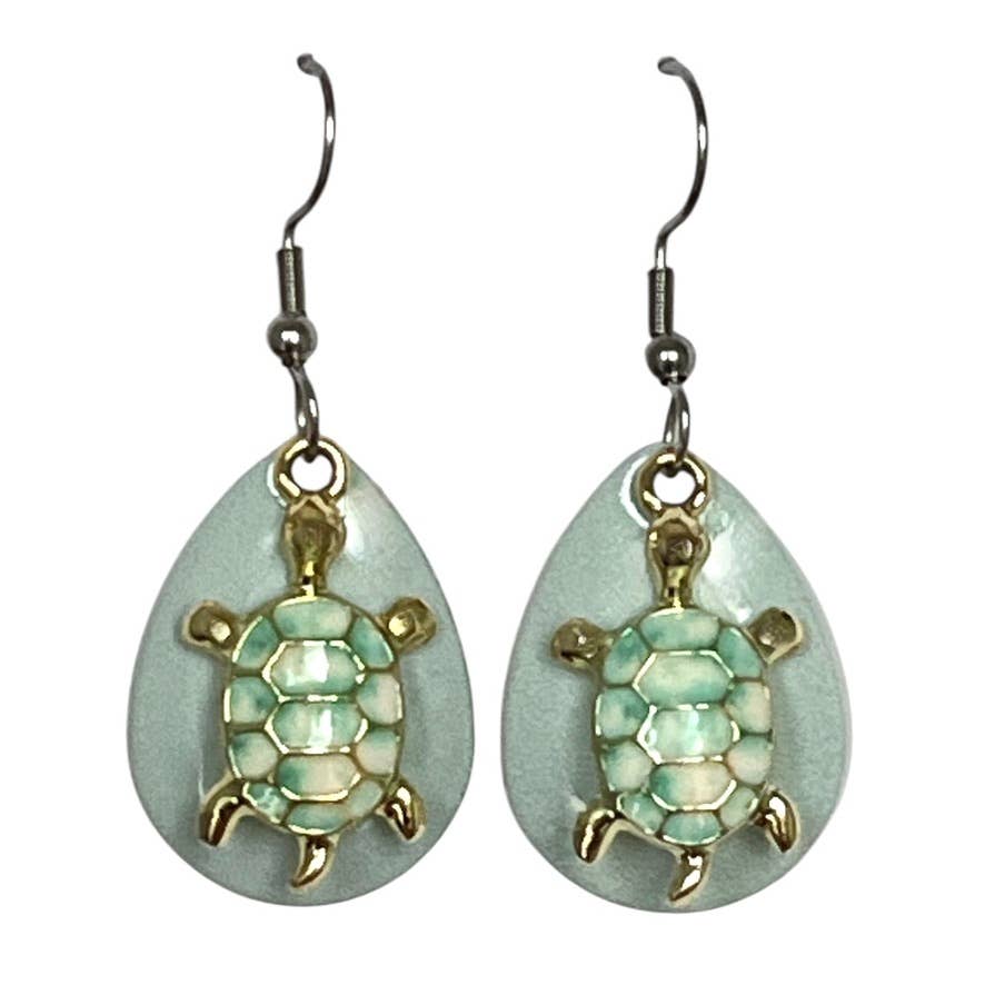 Green Sea Turtle Earrings Gold tone Jewelry Handmade Beach
