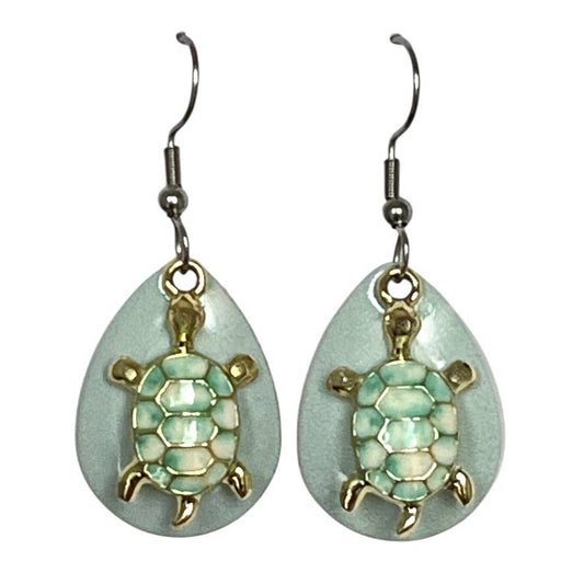 Green Sea Turtle Earrings Gold tone Jewelry Handmade Beach