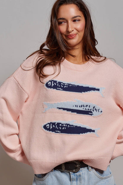Graphic Oversized Drop-Shoulder Knit Sweater