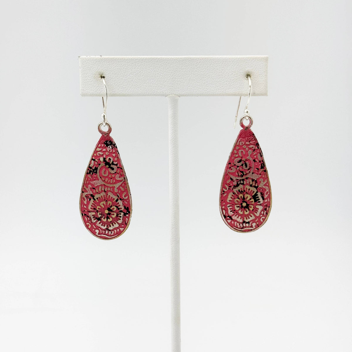 Handcrafted Silver Patina Red Greek Key Earrings