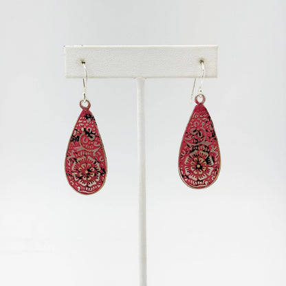 Handcrafted Silver Patina Red Greek Key Earrings