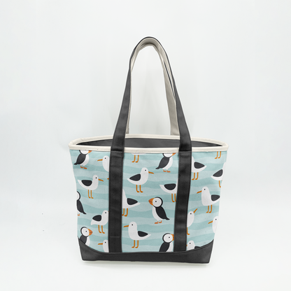 Coastal Puffin & Seagull Canvas Tote Bag – Ocean Bird Travel Carryall