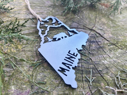 Maine State Mountain Bear Scene Raw Steel Ornament