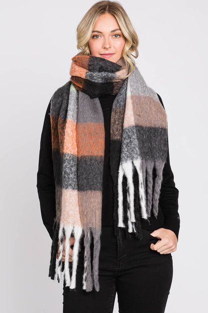 Multi Color Plaid Oblong Fringe Scarf