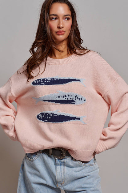 Graphic Oversized Drop-Shoulder Knit Sweater