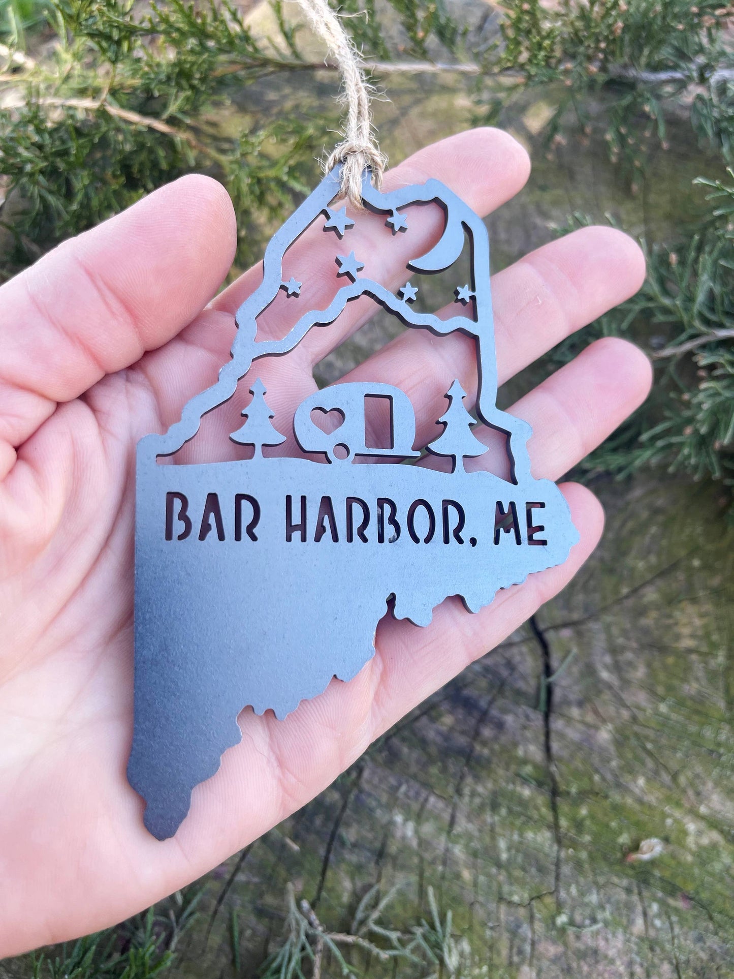 Maine State BAR HARBOR Camper Raw Steel Metal Ornament