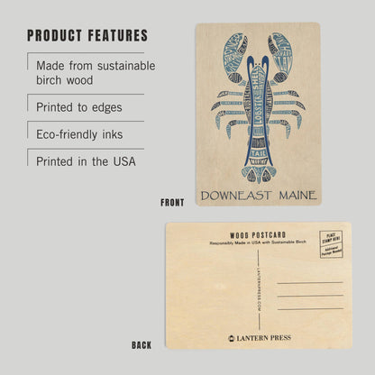 WOOD POSTCARD Maine, Blue Lobster, Typography
