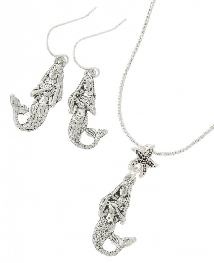 Antique Silver Mermaid Starfish Pendant Set