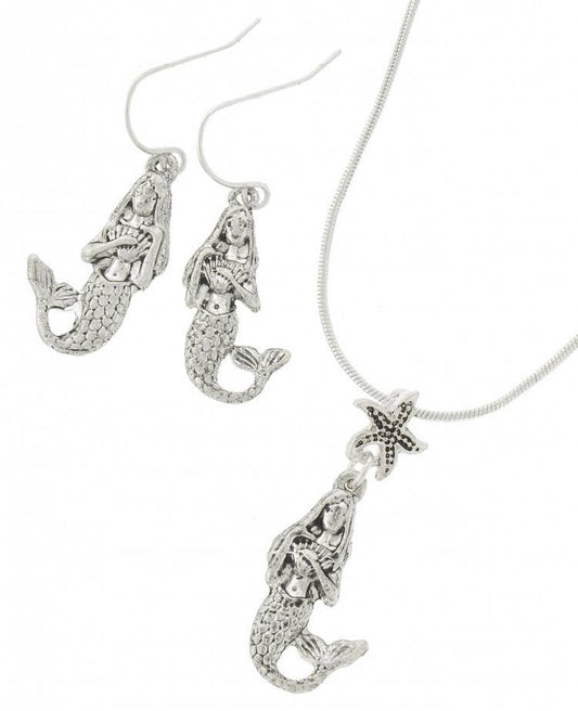 Antique Silver Mermaid Starfish Pendant Set