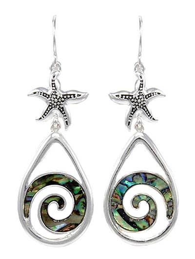 Abalone Starfish Swirly Spiral Metal Dangle Earrings