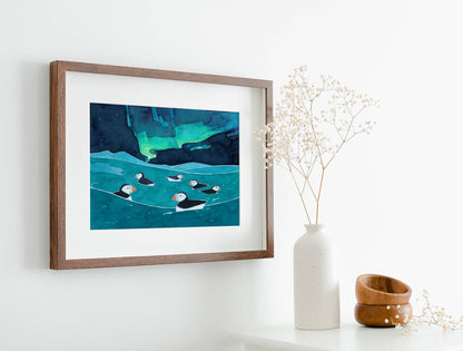 Puffins Northern Lights Art Print, Aurora Borealis