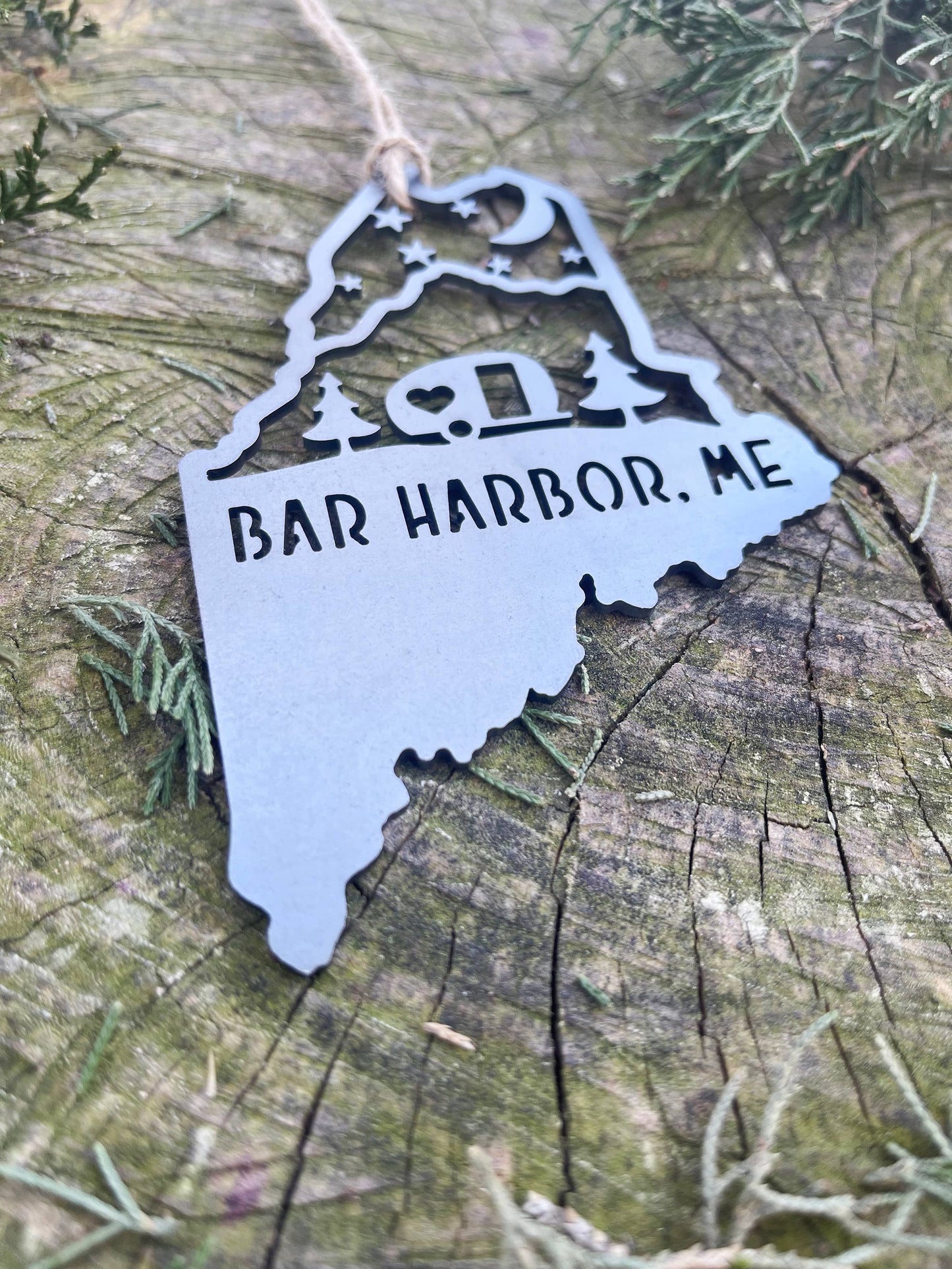 Maine State BAR HARBOR Camper Raw Steel Metal Ornament
