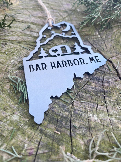 Maine State BAR HARBOR Camper Raw Steel Metal Ornament