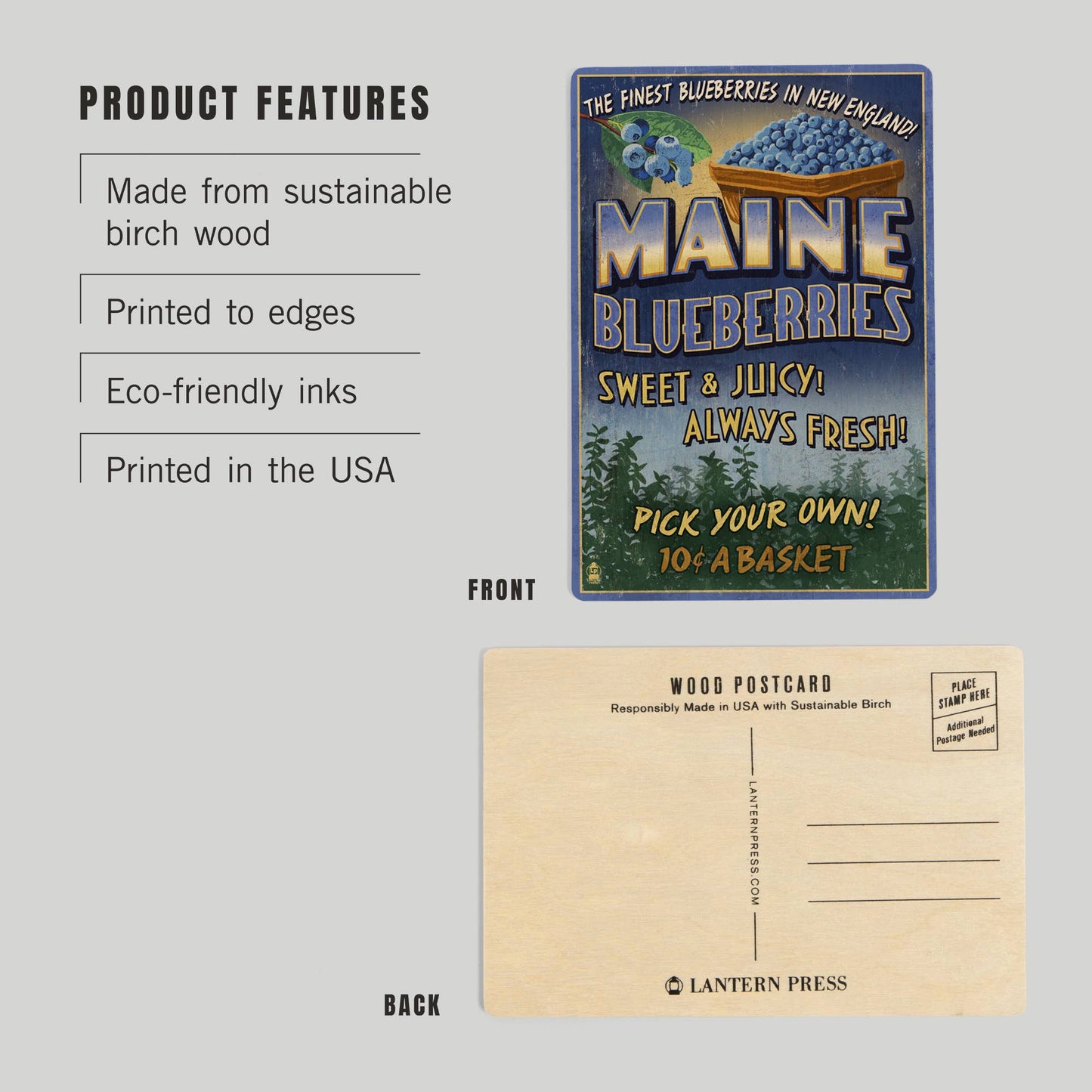 WOOD POSTCARD Maine, Blueberries Vintage Sign