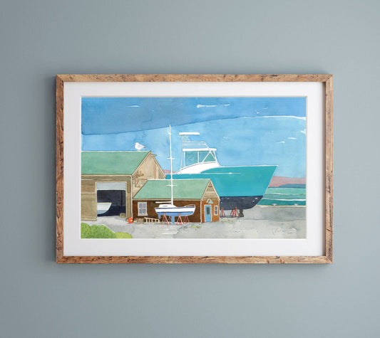 Boatyard Watercolor Print Coastal Sailboat Art