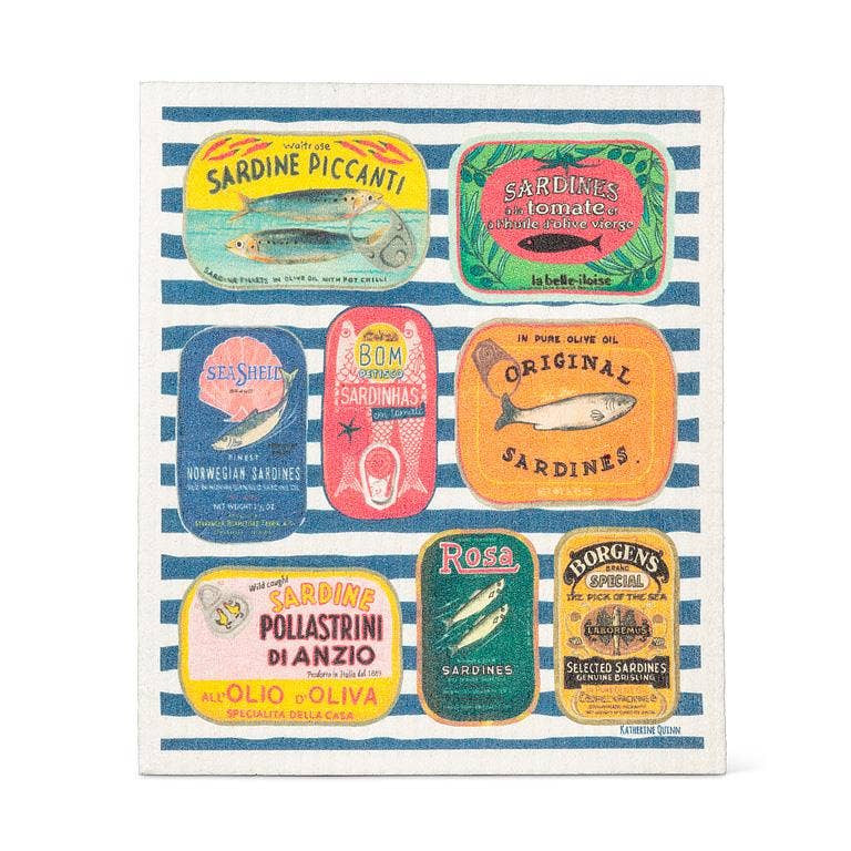 Sardine Tins on Stripes Dishcloth-6.75x7.5"L