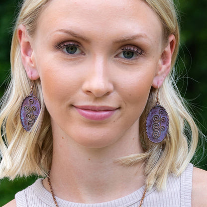Copper Patina Earrings - Three Double Spirals in Lilac Ovals
