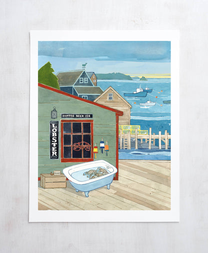Maine Lobsters General Store Art Print, Coastal Seascape