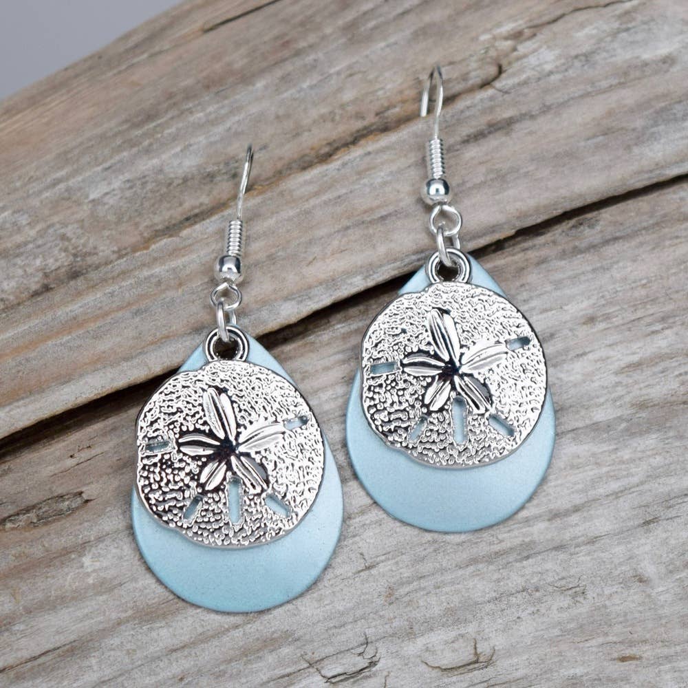 Light Blue Sand Dollar Earrings Beach Sea Shell Jewelry