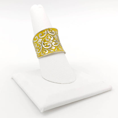 Silver Patina Ring - Yellow Ornate Print
