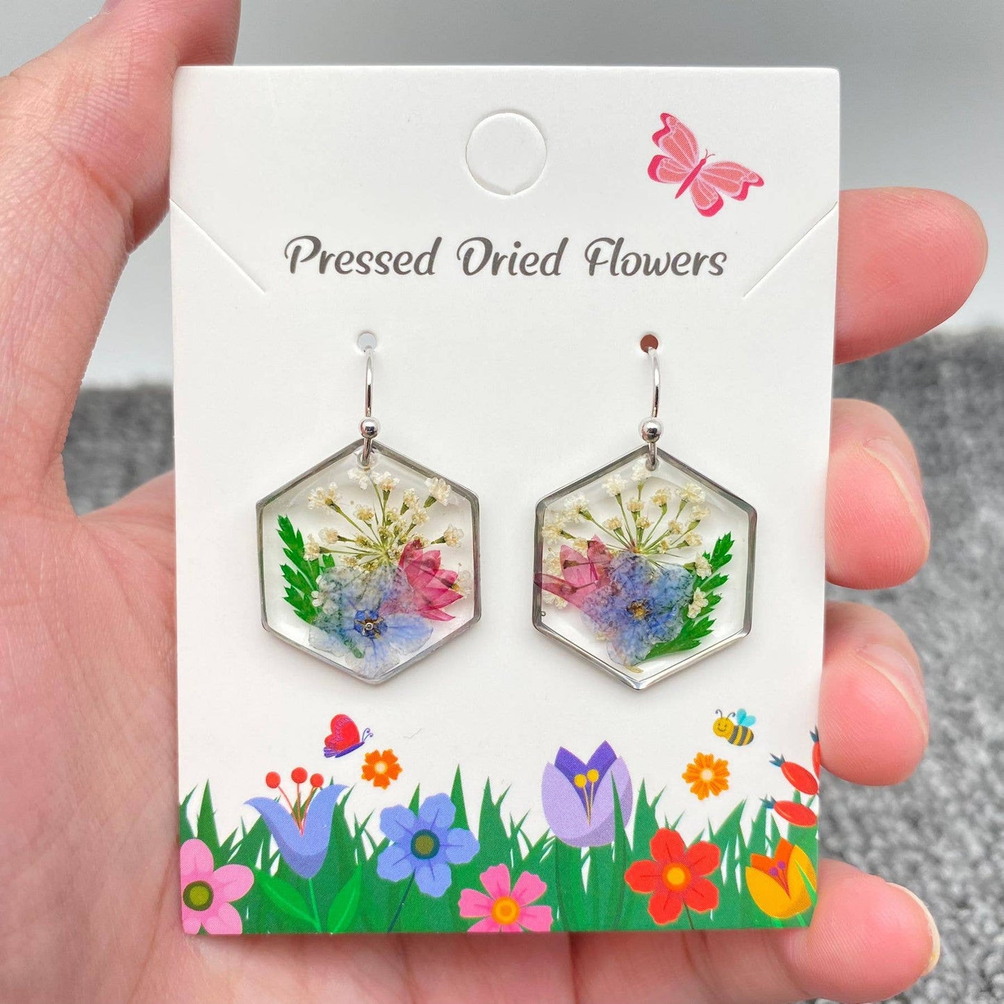 Genuine Pressed Dried Flower Hexagon Charm Earrings