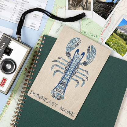 WOOD POSTCARD Maine, Blue Lobster, Typography