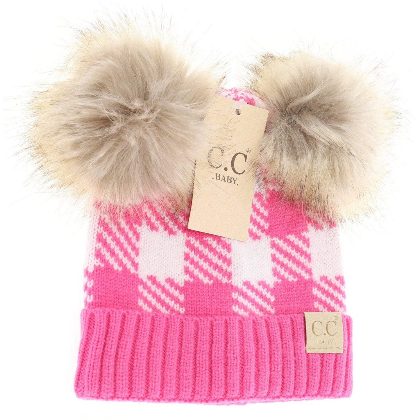 C.C BABY Buffalo Check Double Pom Newborn Hat