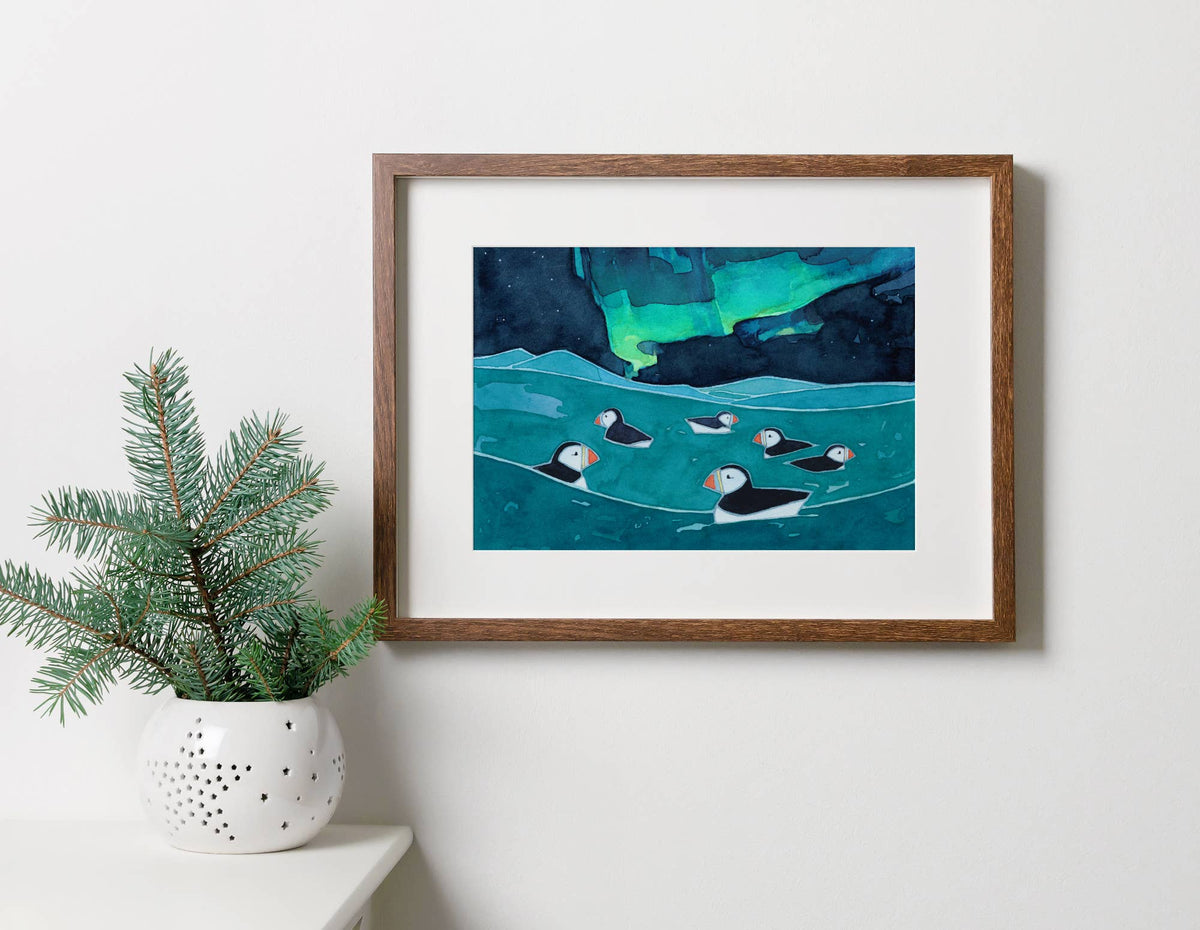 Puffins Northern Lights Art Print, Aurora Borealis