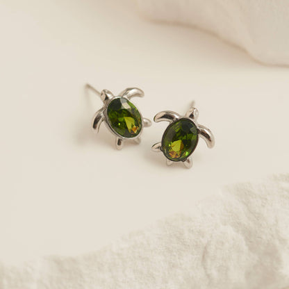Waterproof Earrings Turtle Studs Green Cubic Zirconia