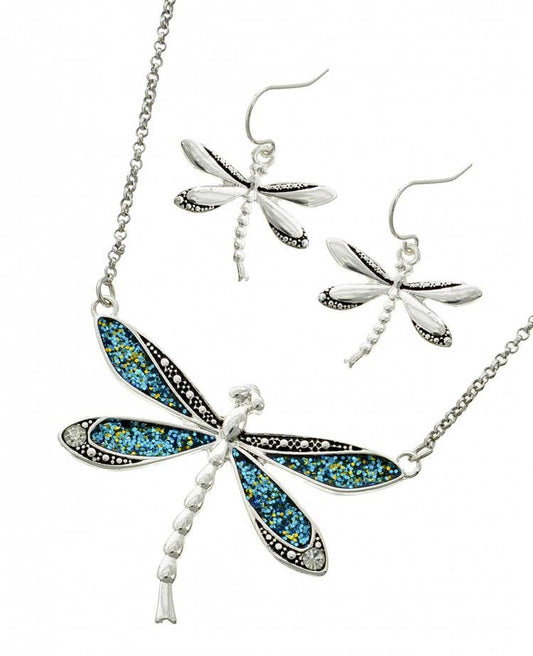3D Glitter Dragonfly Pendant Necklace Set