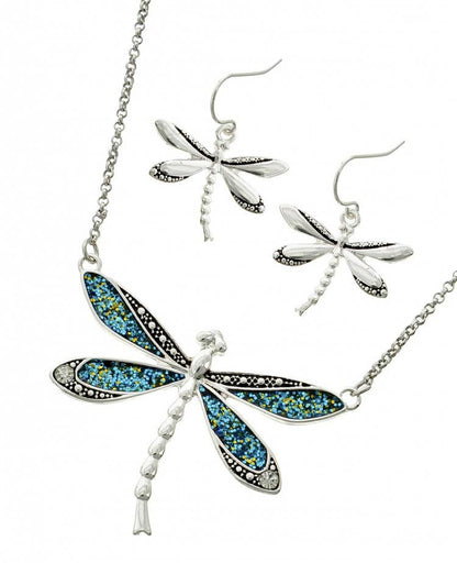 3D Abalone Dragonfly Pendant Necklace Set