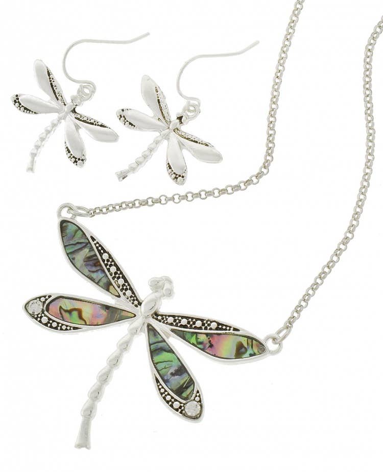 3D Abalone Dragonfly Pendant Necklace Set