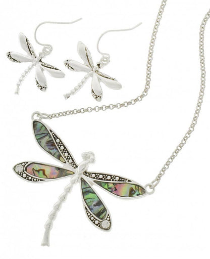 3D Abalone Dragonfly Pendant Necklace Set