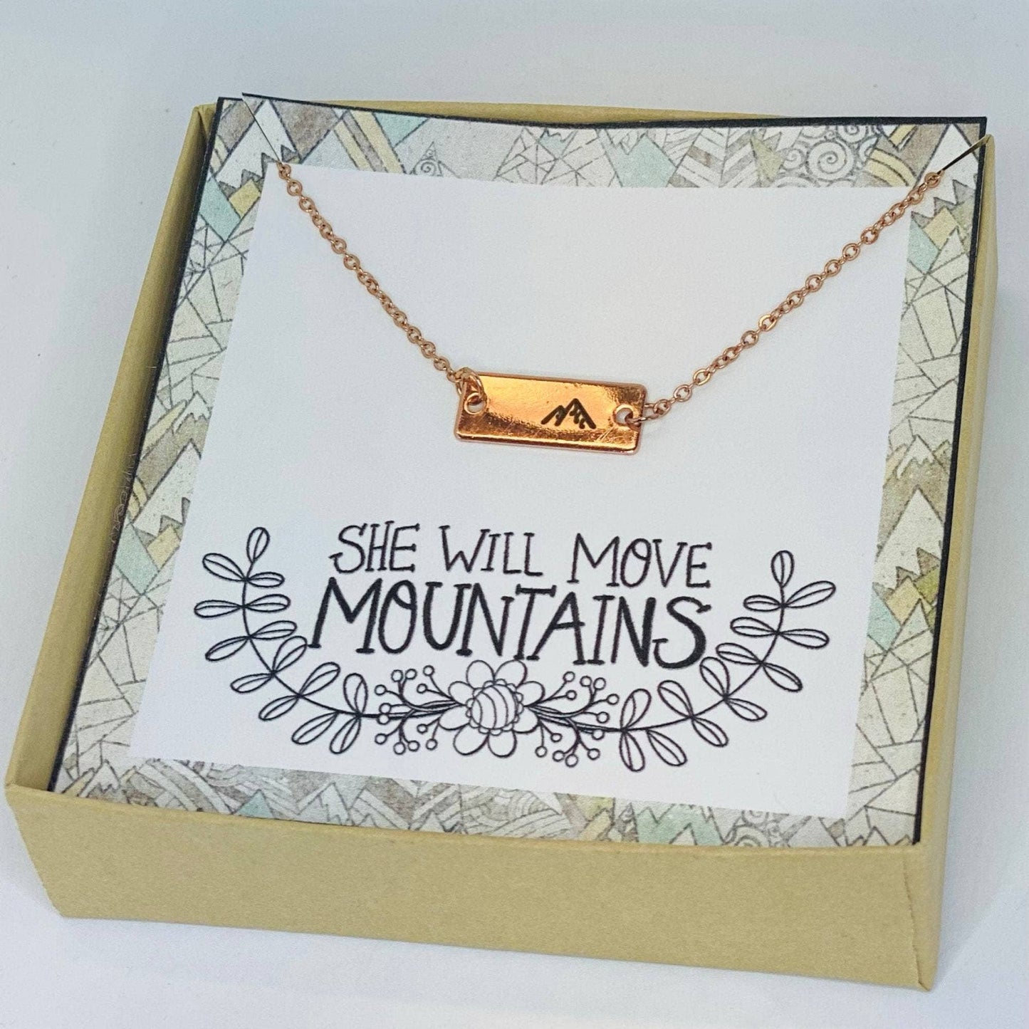 She will move mountains necklace, Team gift, Encouragement jewelry, Mountain jewelry, Inspirational gift, Graduation gifts, Positive quotes: Gold