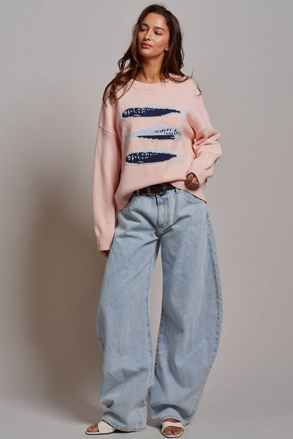 Graphic Oversized Drop-Shoulder Knit Sweater