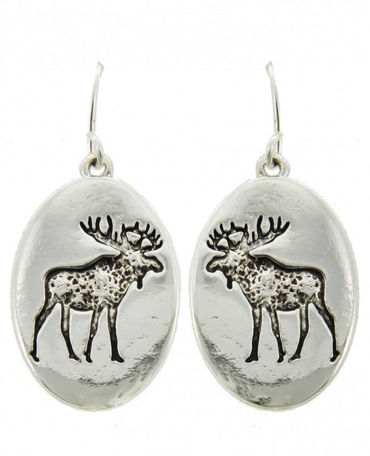 Moose Animal Christmas Metal Oval Dangle Earrings