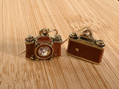 Crystal Lens Brown film camera vintage retro Earrings