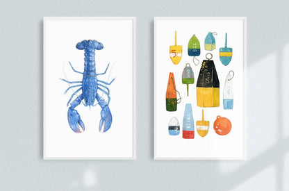 Blue Lobster Watercolor Print, Nautical New England Wall Art